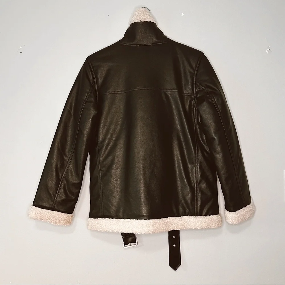 NWT H&M Aviator Teddy Fleece Jacket – Black/Beige, Size Small - Picture 5 of 7